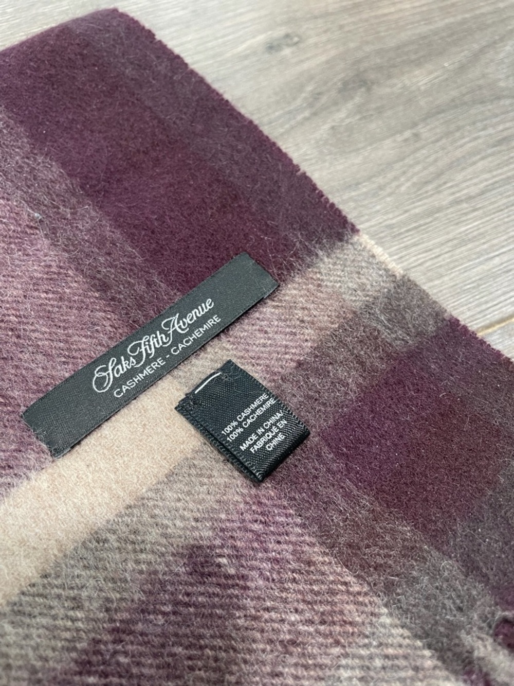 Saks Fifth Avenue %100 Cashmere Plaid Scarf in Plum and Taupe- NEW